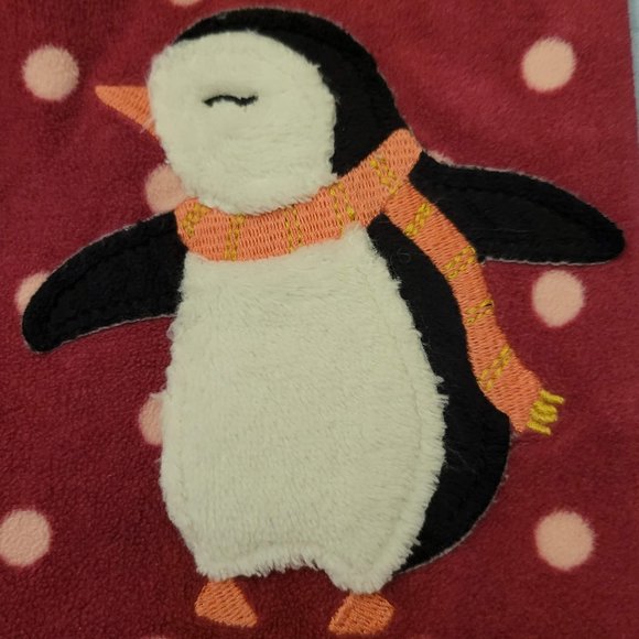 Carters 3-6 M Mulberry-Colored Fleece w Pink Polka Dots & Penguin Applique - Picture 5 of 9